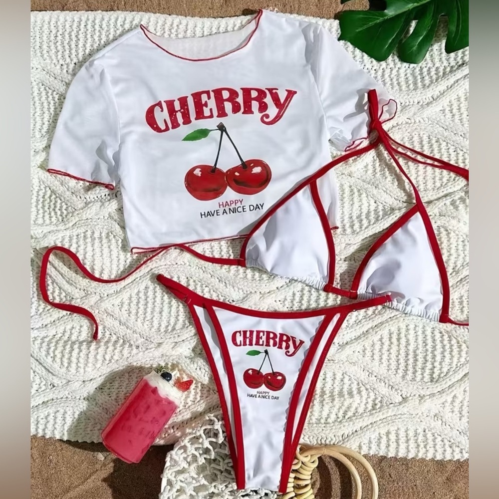 New with Defects Cherry Print Tri-Top Tie Side Bottom Cherry Bikini w/ Mesh Top